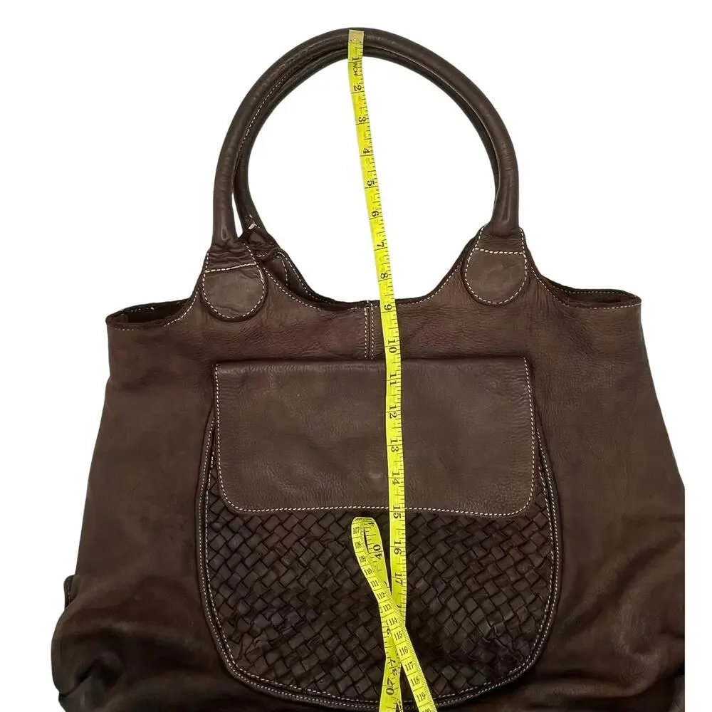 Fiori de Firenze Italian Leather Tote Brown Woven Shoulder Bag Lg Made in Italy